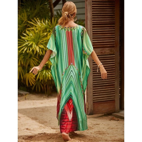 FREE SIZE Peacock Feather Green Red Kaftan Dress - Picture 9 of 13